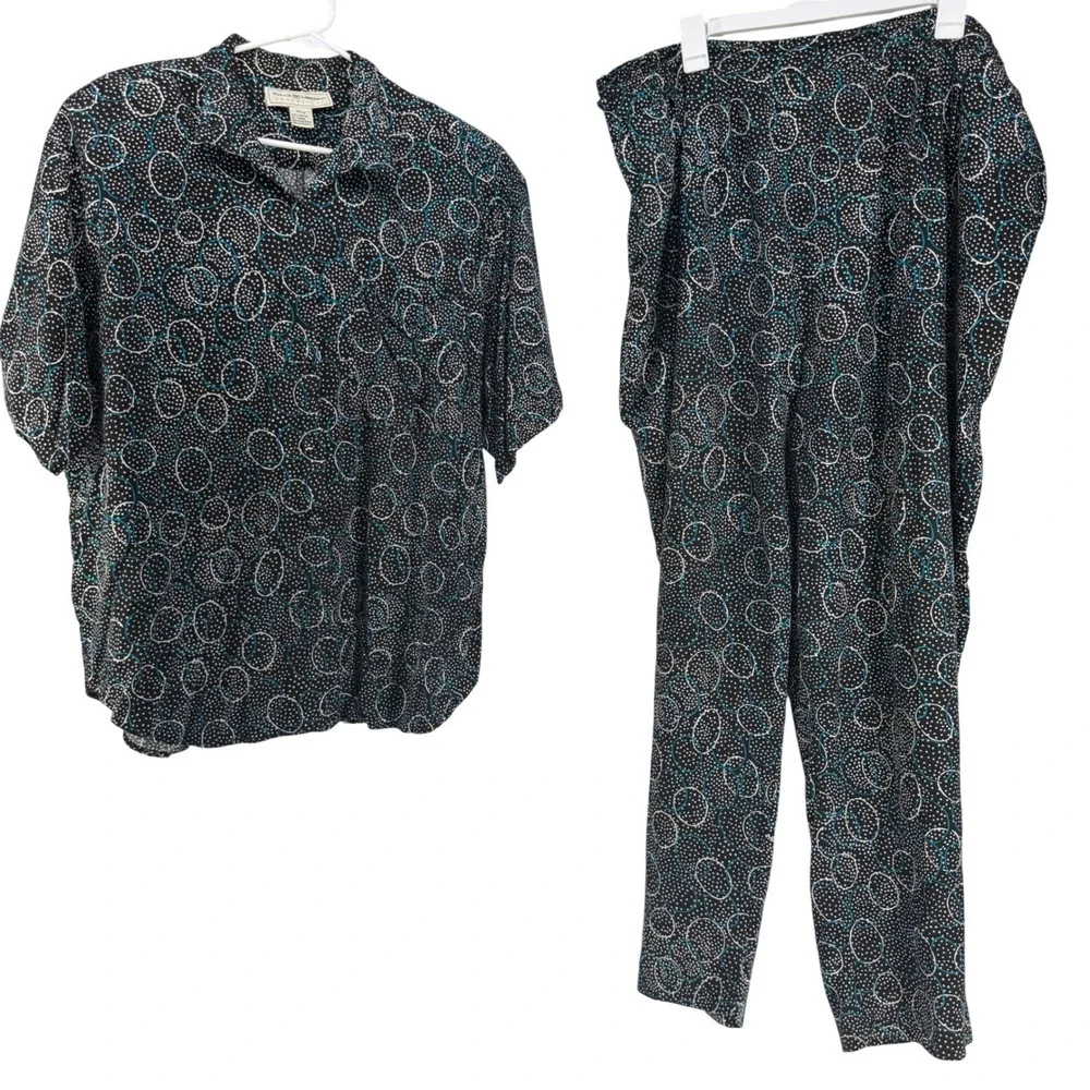 VTG Maggie Lawrence Pant Set Womens 2X/3X Black Teal Button Up 90s Art Polka Dot